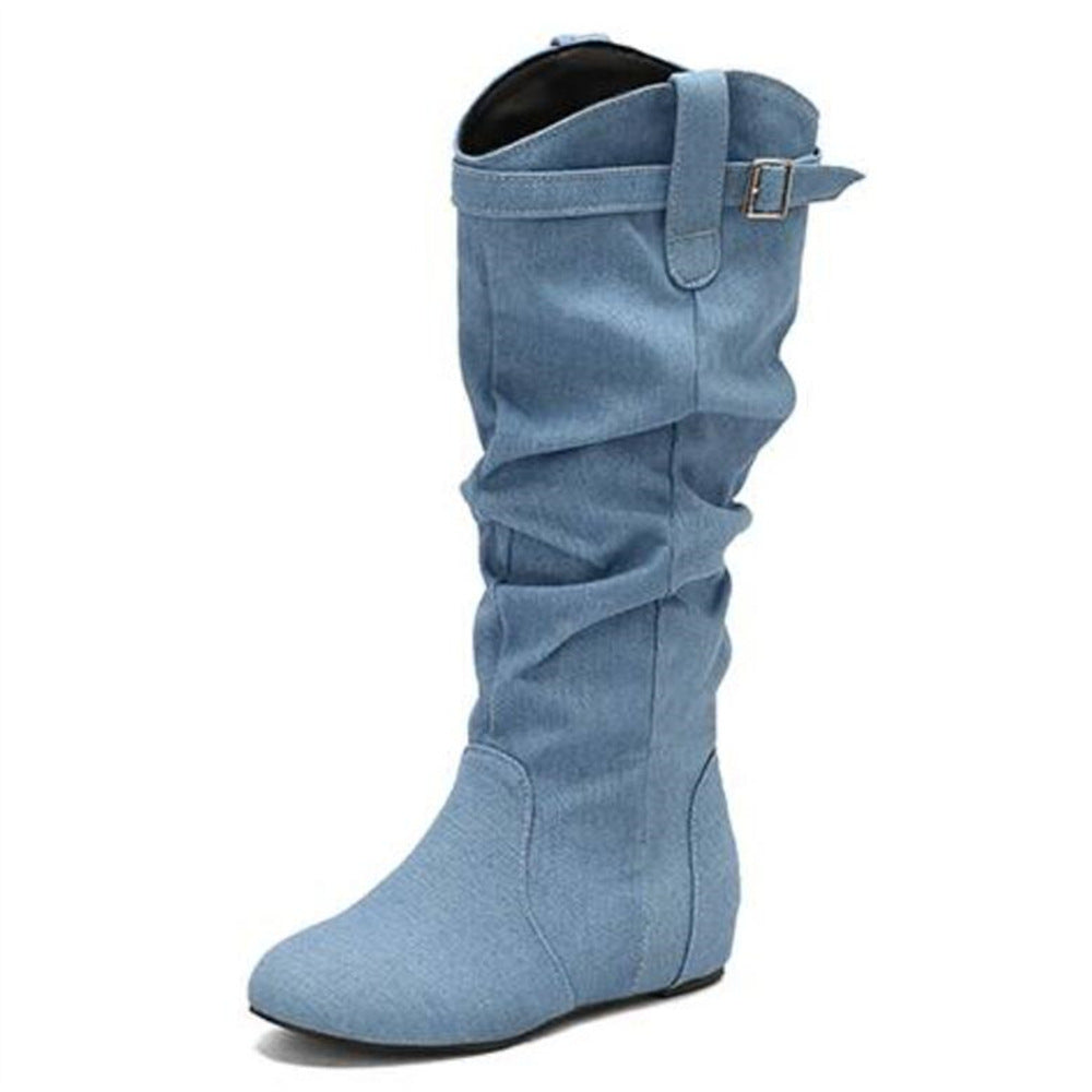 Women's Flat Solid Color Pleated Retro Boots