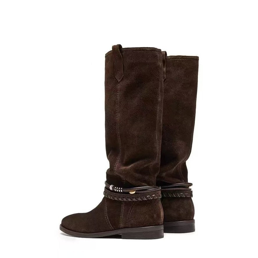 Women's Pastoral Retro Western Cowboy Elegant High-grade Pile Women's Leather Boots