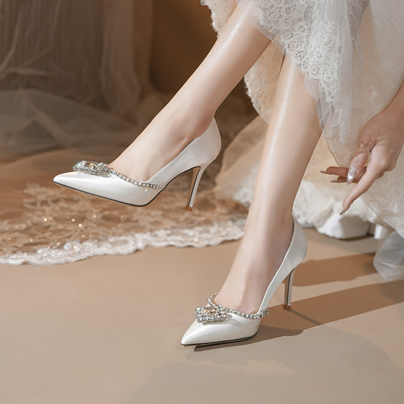 Women's White Rhinestone High Pointed Stiletto Satin French Wedding Dress Bride Women's Fashion Shoes