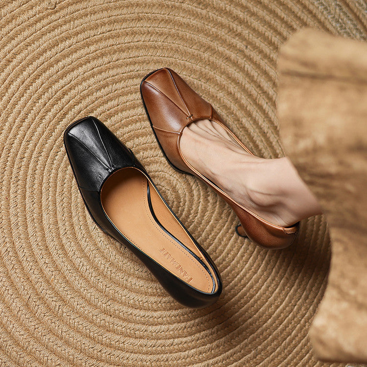 French Low-cut Stiletto Commuter Slip-on Square Toe Leather Shoes