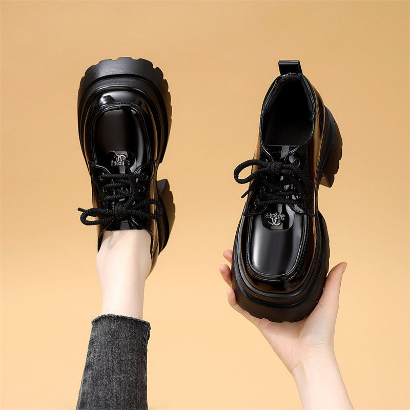 Women's Platform Black Tie Round Toe Mid Slimming Soft Bottom Women's Fashion Shoes