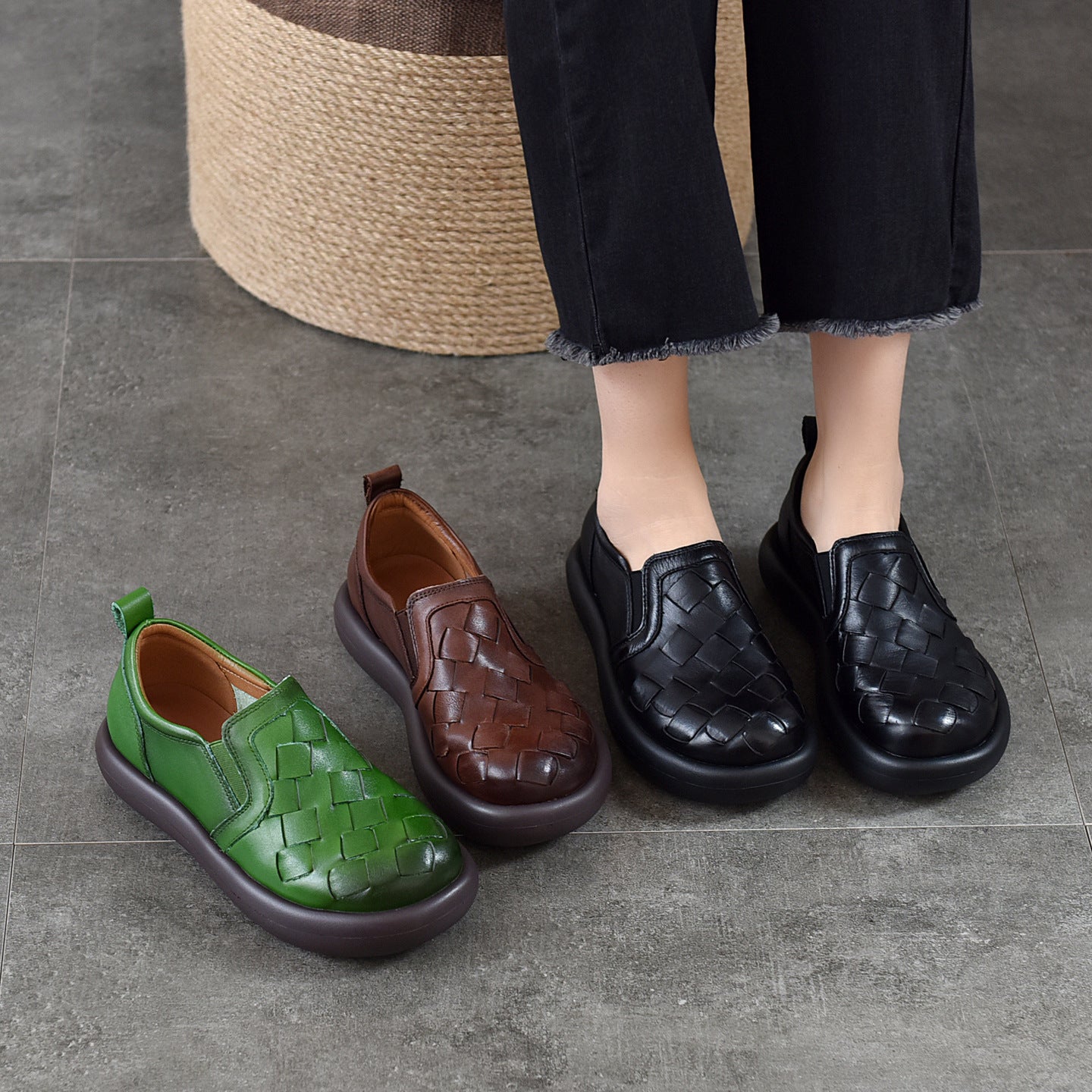 Women's Hand-woven Round Head Thick Bottom First Layer Cowhide Spring Women's Casual Shoes