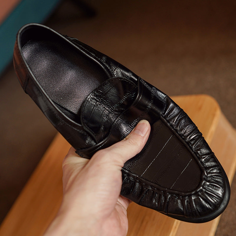 Cowhide Retro Minority Crocodile Pattern Chunky Pumps Slip-on Genuine British Women's Casual Shoes