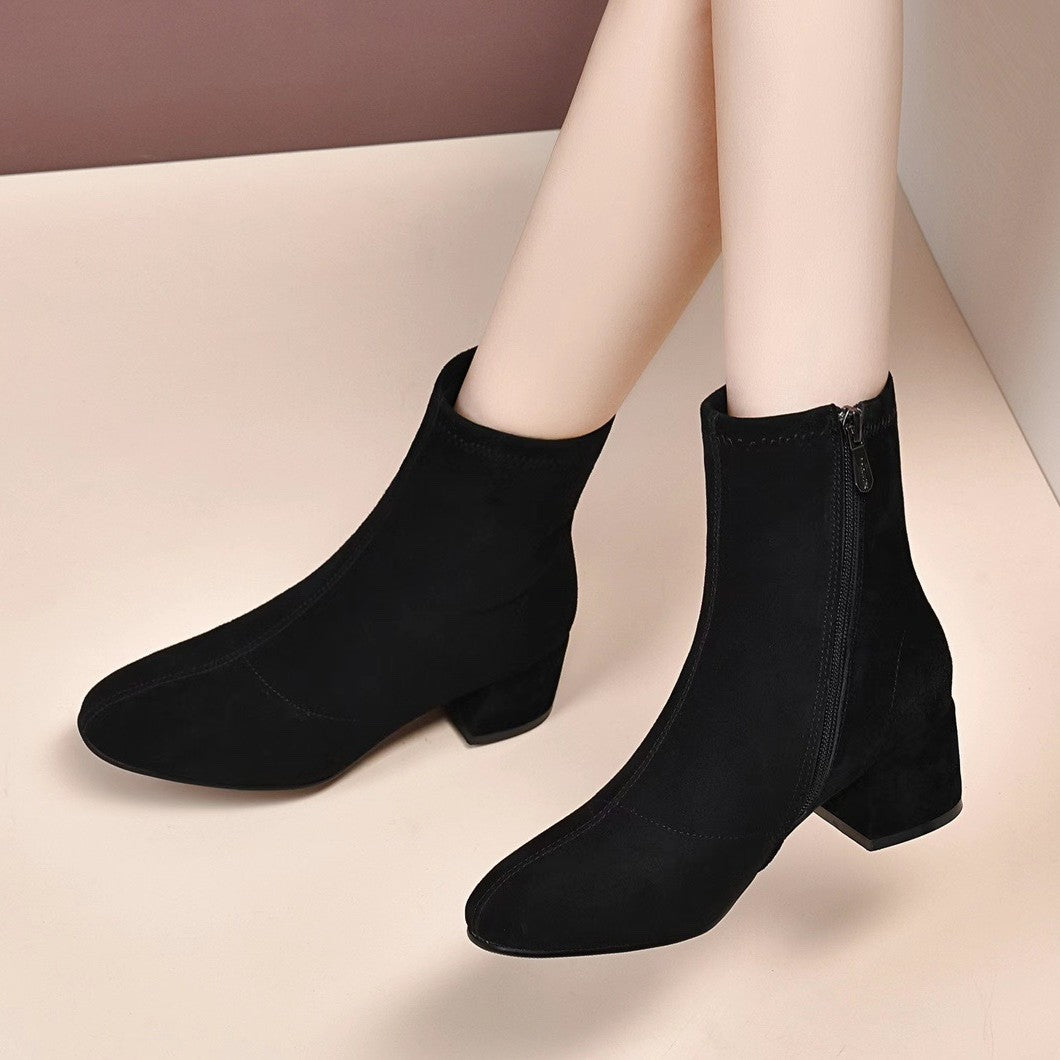Women's Matte Authentic Sheepskin Flat Suede Black Women's Leather Boots