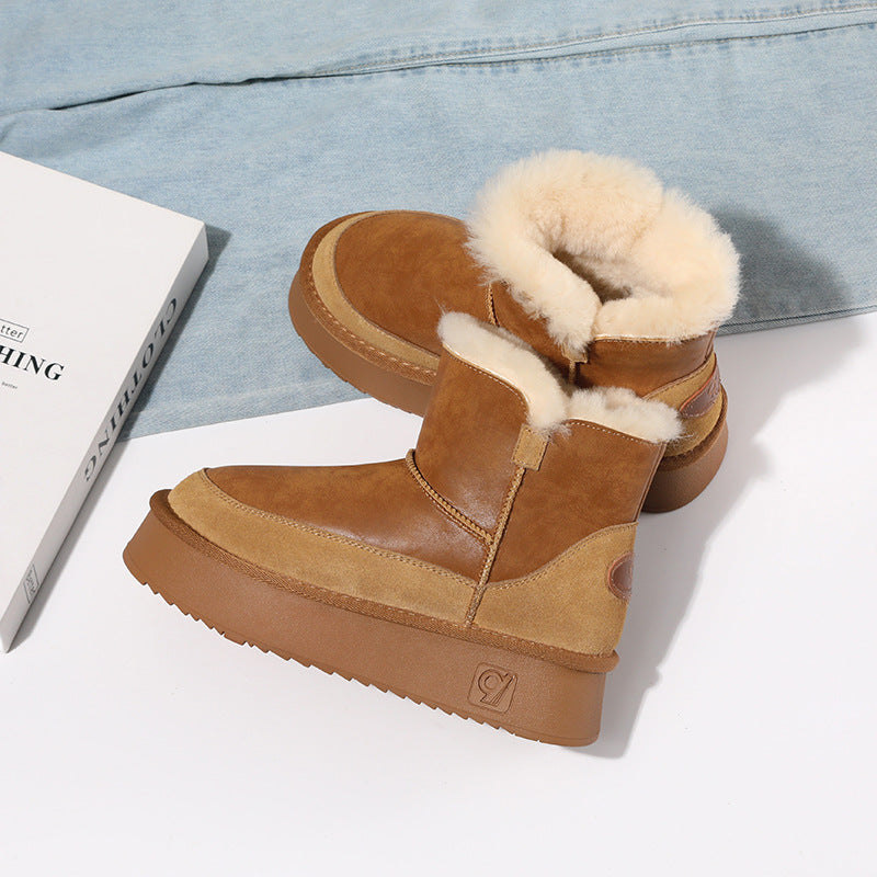 Women's Thick-soled Sheepskin Fur Ankle Fleece Lined Padded Warm Keeping Snow Boots