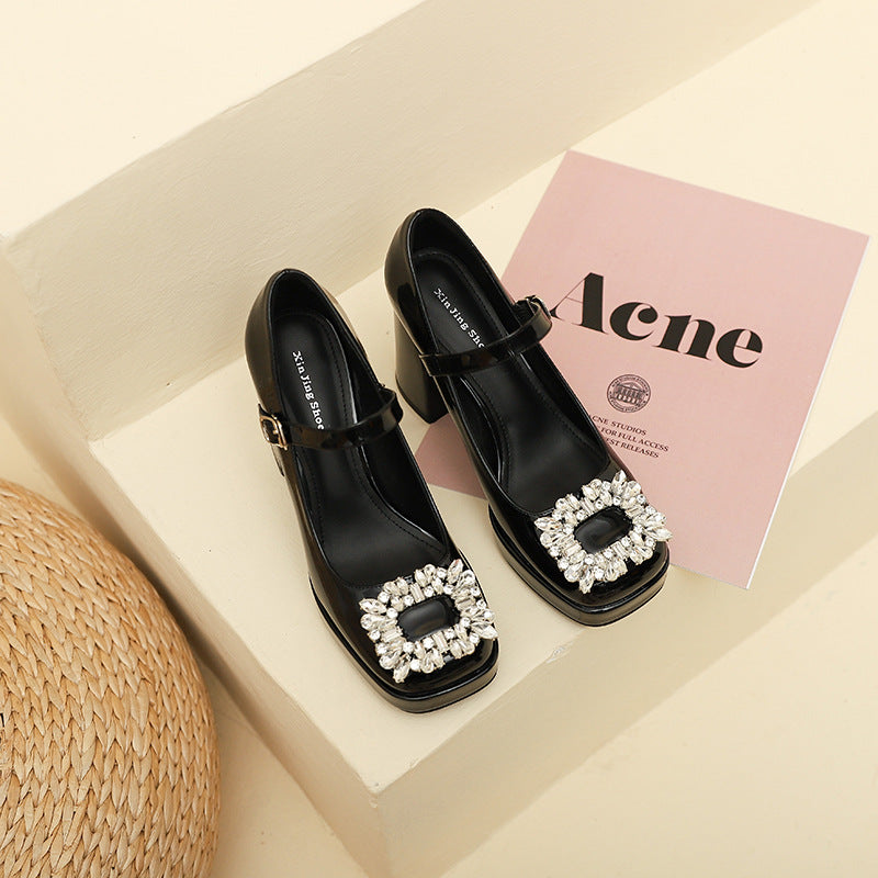 Women's Square Toe High Summer Buckle Rhinestone Chunky Women's Fashion Shoes