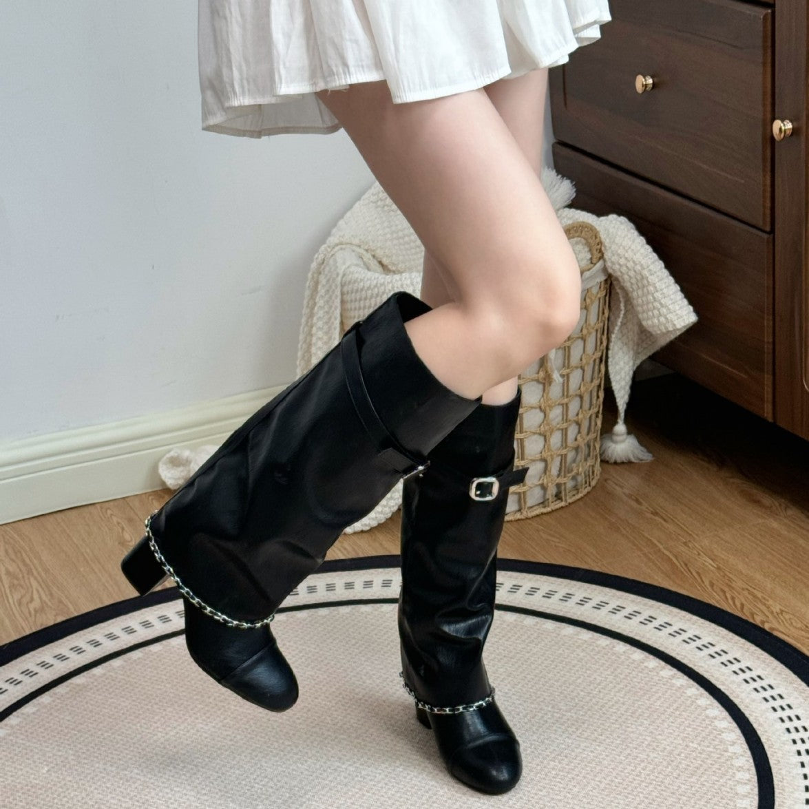 High Classic Style Chain Chunky Pantyhose Women's Leather Boots