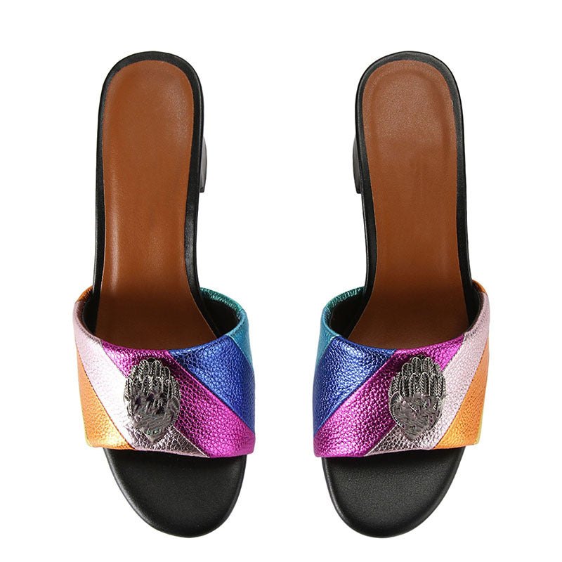 Women's Hollow Metallic Striped With Sandwich Round Flat Slippers
