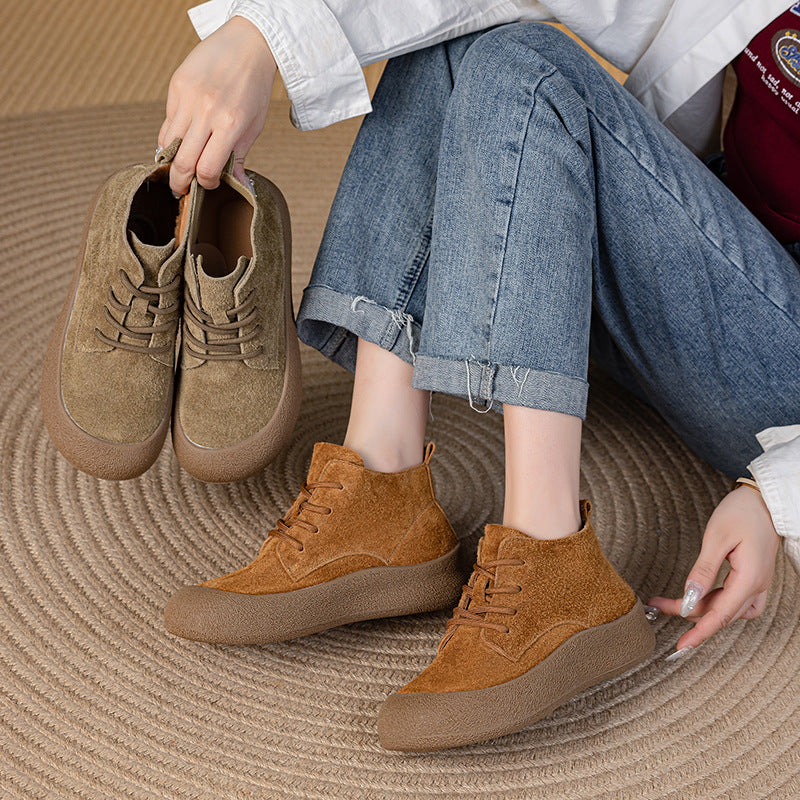 Women's Cowhide Round Head Leisure Soft Bottom Veet Padded Men's Shoes