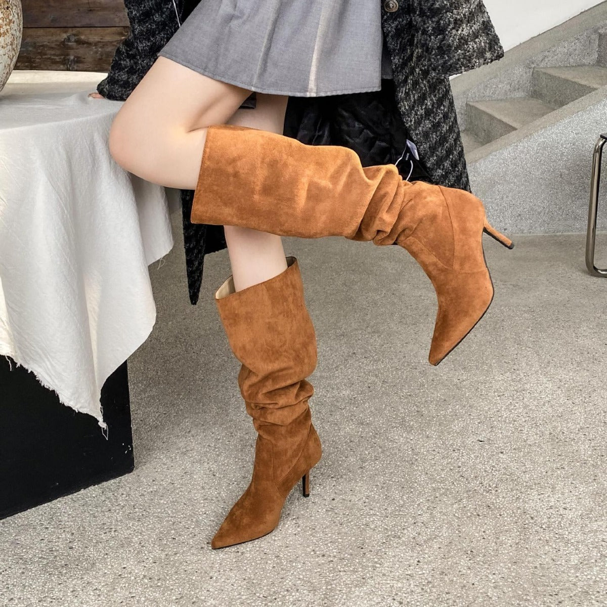 Pleated Autumn Stiletto Pile Style High Below Heels