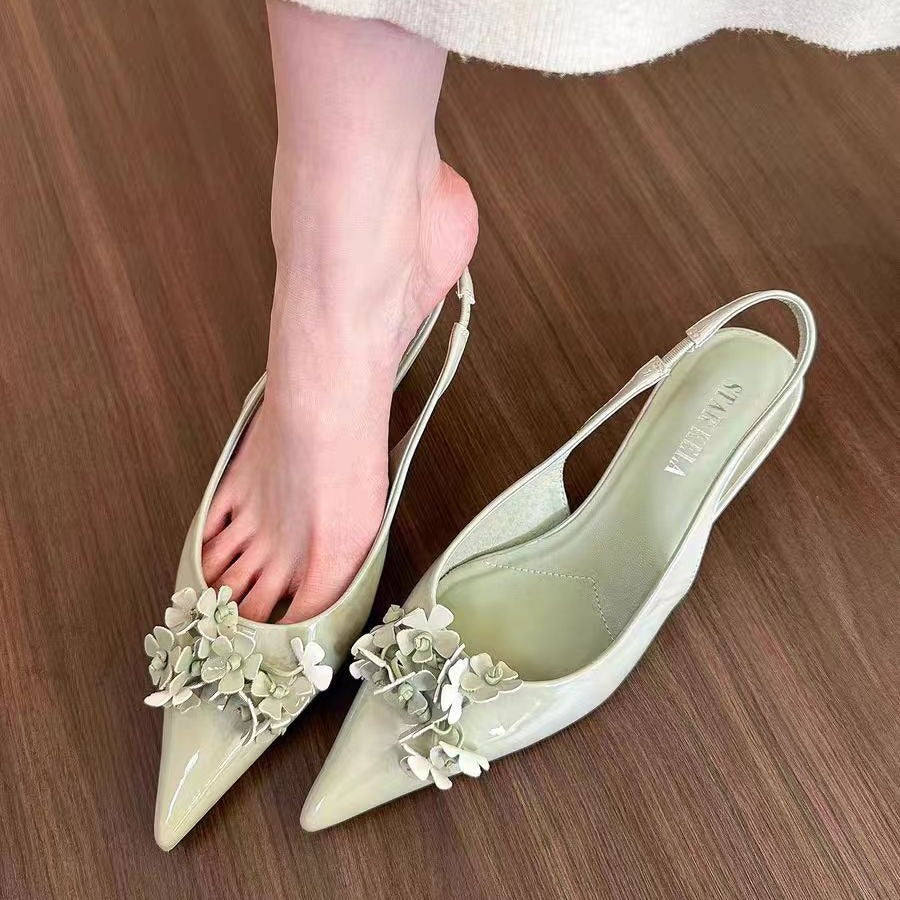 Women's Fashion Green Pointed Flower Shallow Mouth Back High Heeled Sandals