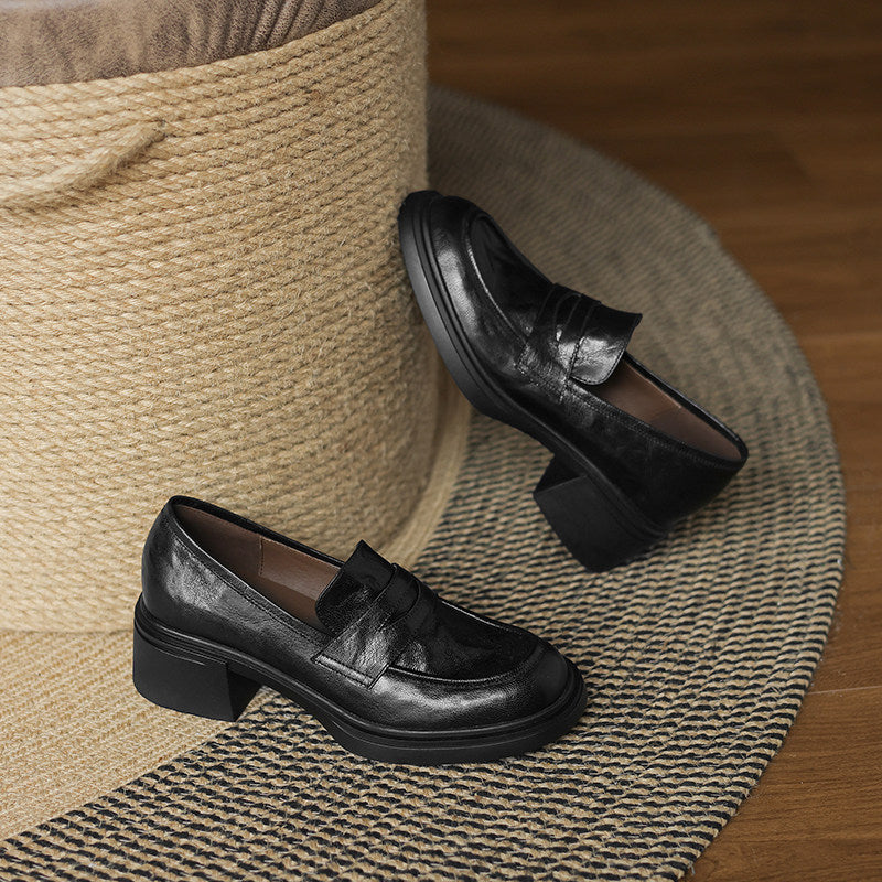Women's Retro Chunky Slip-on Round Toe Pumps Genuine Loafers