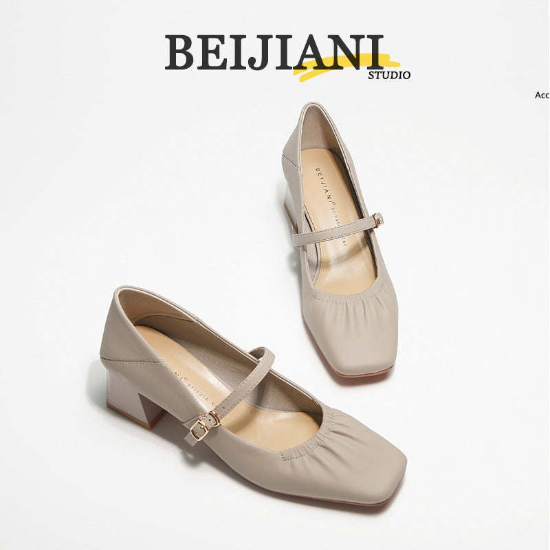 Women's Sheepskin Chunky Pumps Buckle Mary Jane Women's Fashion Shoes