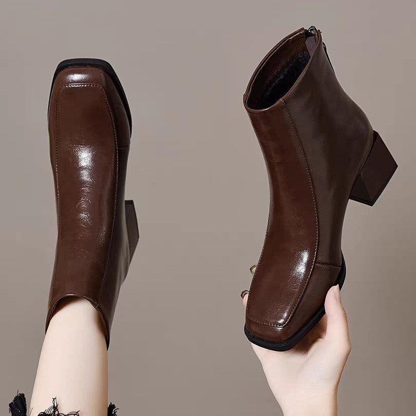 Women's For French Style Square Toe Slimming Stretch Thin British Comfortable Women's Leather Boots