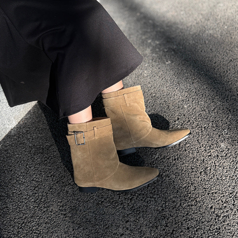Women's Toe Belt Buckle Short Fashionable Suede Women's Leather Boots
