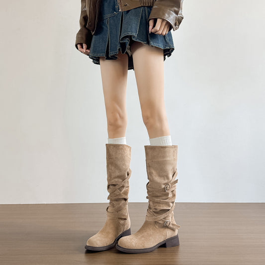 Women's Toe Elegance Retro Suede Long Martin High-heel Chunky French Women's Leather Boots