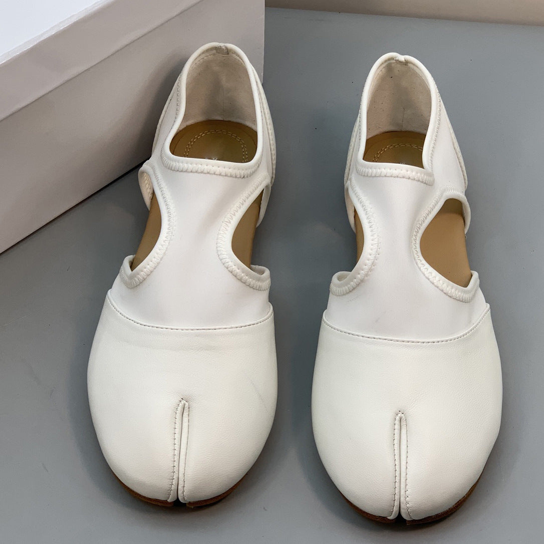 Women's Split Toe Pumps Spring Vintage Genuine Flat Ballet Hollowed Sandals