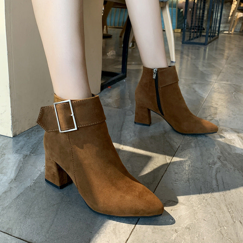 Women's Chunky Belt Buckle Pointed Korean Style Boots