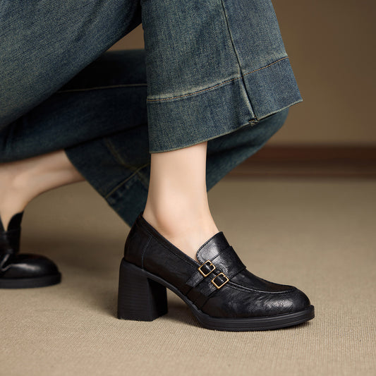 Women's Round Toe Double Breasted Mid Slip-on British Loafers