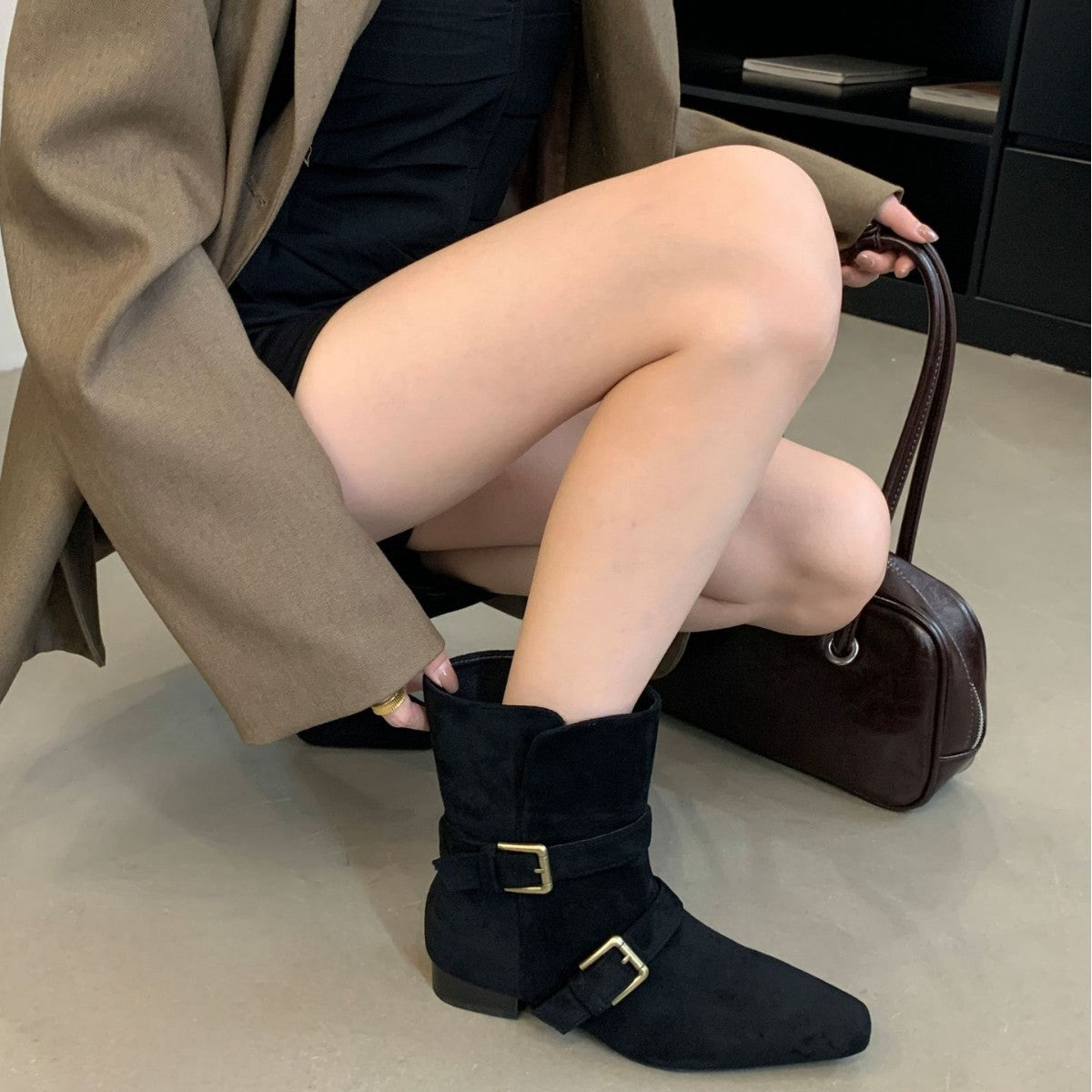 Women's Genuine Suede Retro Square Toe Two-way Chunky Belt Buckle For Women's Leather Boots