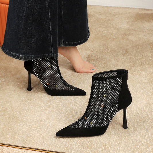 Women's Suede Stitching Mesh Rhinestone Back Zipper Fashion Stiletto Pointed Toe Women's Leather Boots