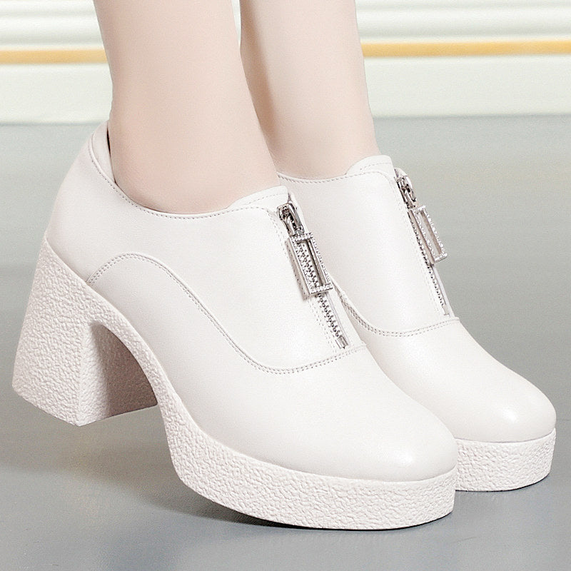 Women's Genuine Chunky Platform White High Not Tired Soft Bag Feet Heels