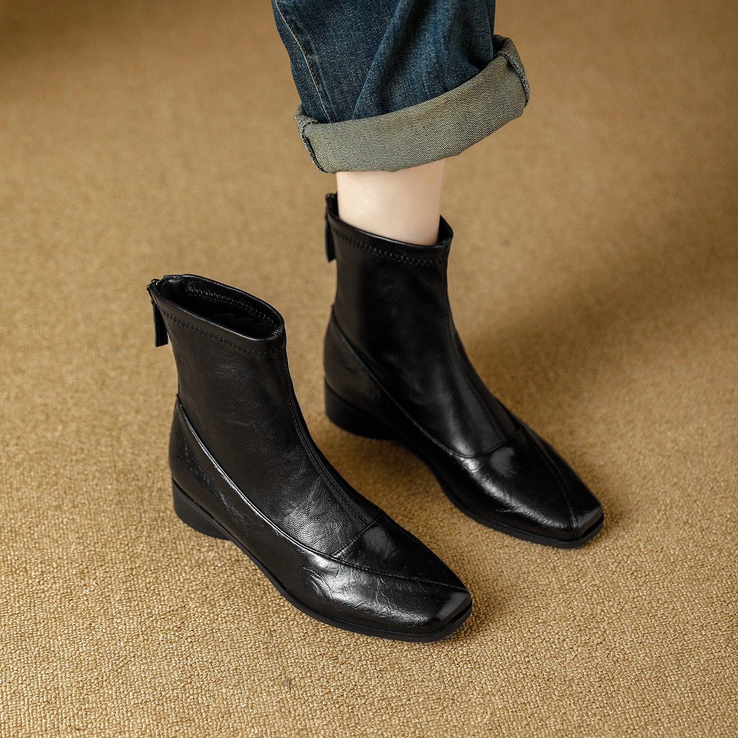 Women's Retro Chelsea Back Zipper Temperament Commute Soft Chunky Versatile Ankle Women's Leather Boots