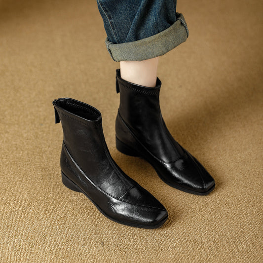 Women's Retro Chelsea Back Zipper Temperament Commute Soft Chunky Versatile Ankle Women's Leather Boots