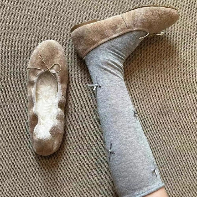 Style Retro Flat Bottom Bow Low-cut Slip-on Ballet Female Fleece-lined Women's Casual Shoes