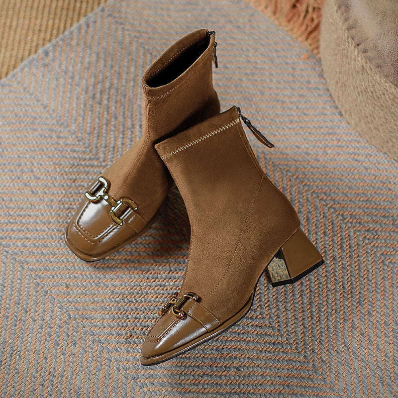 Female Stitching Square Head Chunky Retro Boots