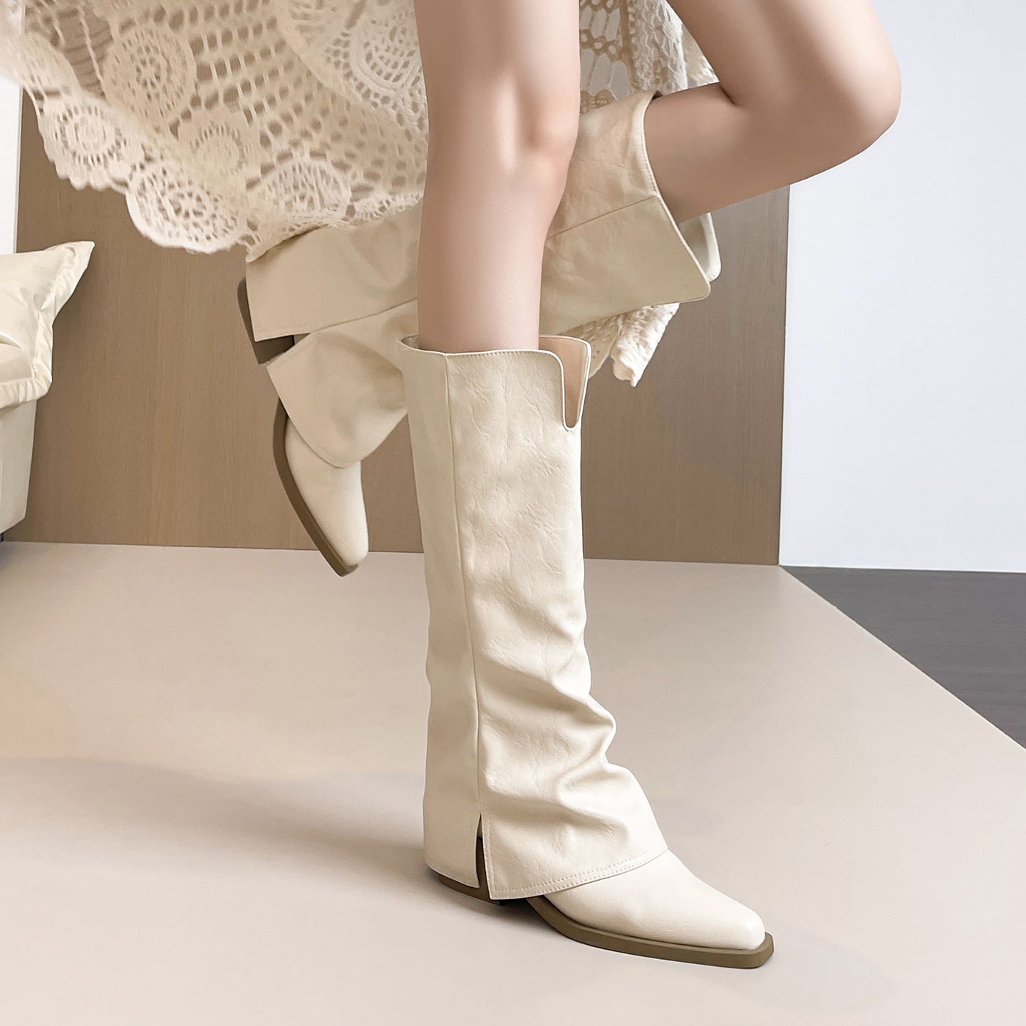 Chunky Long Female High Pointed Pile Pants Tube Knight Below Women's Leather Boots