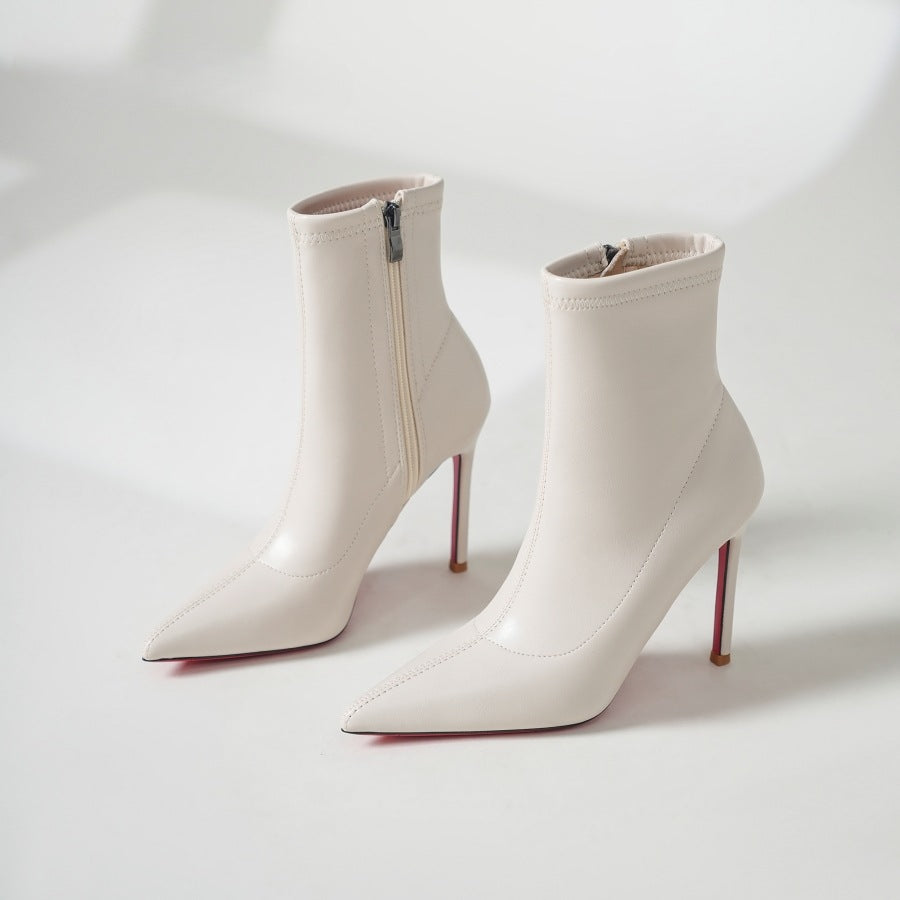 Women's Red Bottom White Ankle Stiletto Fleece-lined Mid Women's Leather Boots
