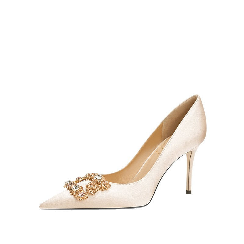 Pointed Toe Pumps Square Buckle Rhinestone Wedding Bride Main Yarn Women's Fashion Shoes
