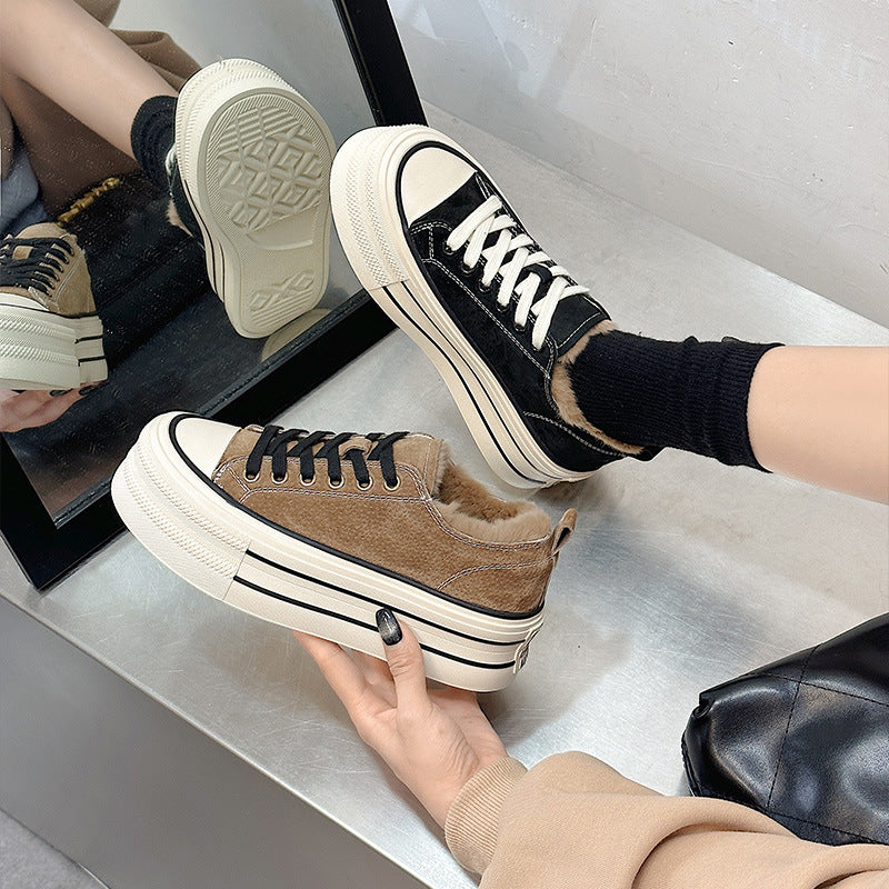 Women's Rabbit Fur Mouth Fleece-lined White Winter Platform Frosted Round Head Women's Casual Shoes