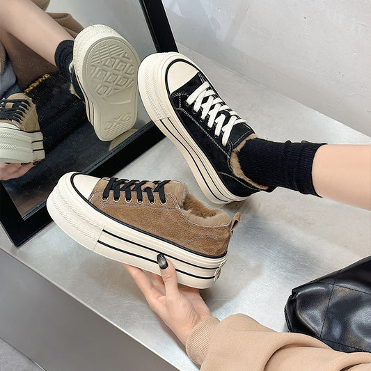 Women's Rabbit Fur Mouth Fleece-lined White Winter Platform Frosted Round Head Women's Casual Shoes