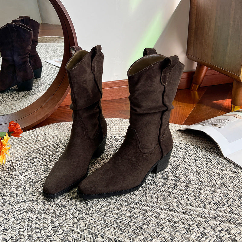 Women's Height Increasing Pile Style Autumn V Buckle Slimming Thick Middle Women's Leather Boots