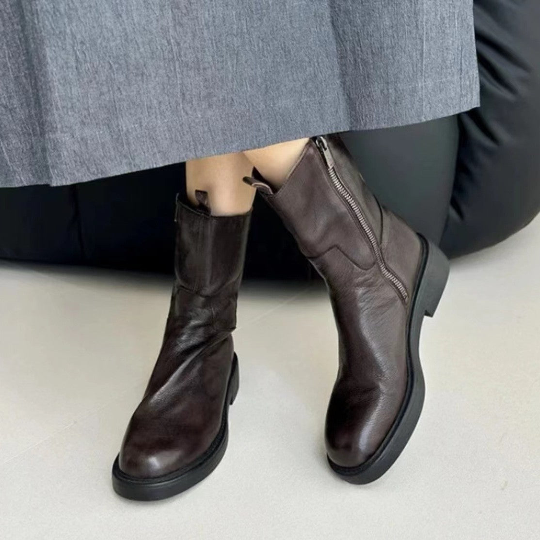 Soft Cowhide Martin Side Zipper Fashion British Round Women's Leather Boots