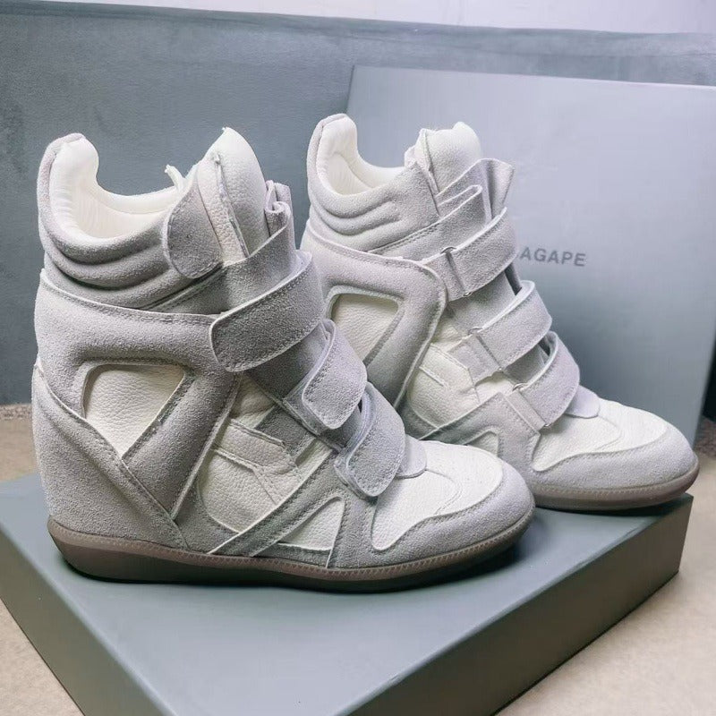 Women's Velcro Invisible Height Increasing Insole Wedge Color Matching Sports Leather Shoes
