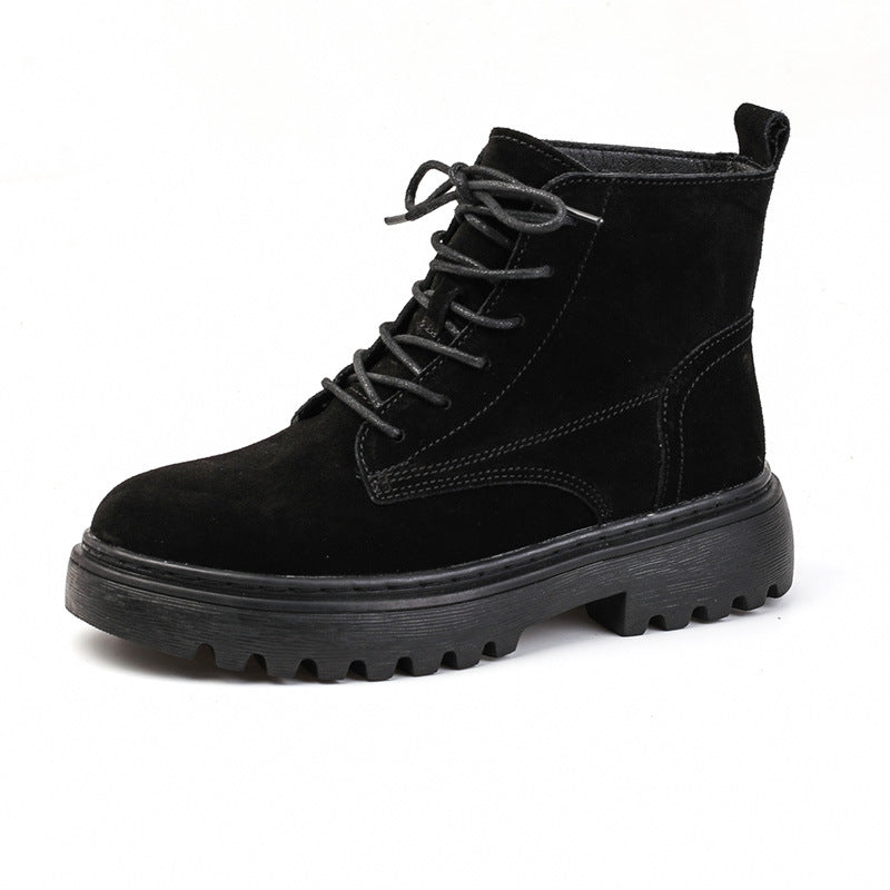 Women's Frosted Genuine British Style Mid Martin Flat Women's Leather Boots