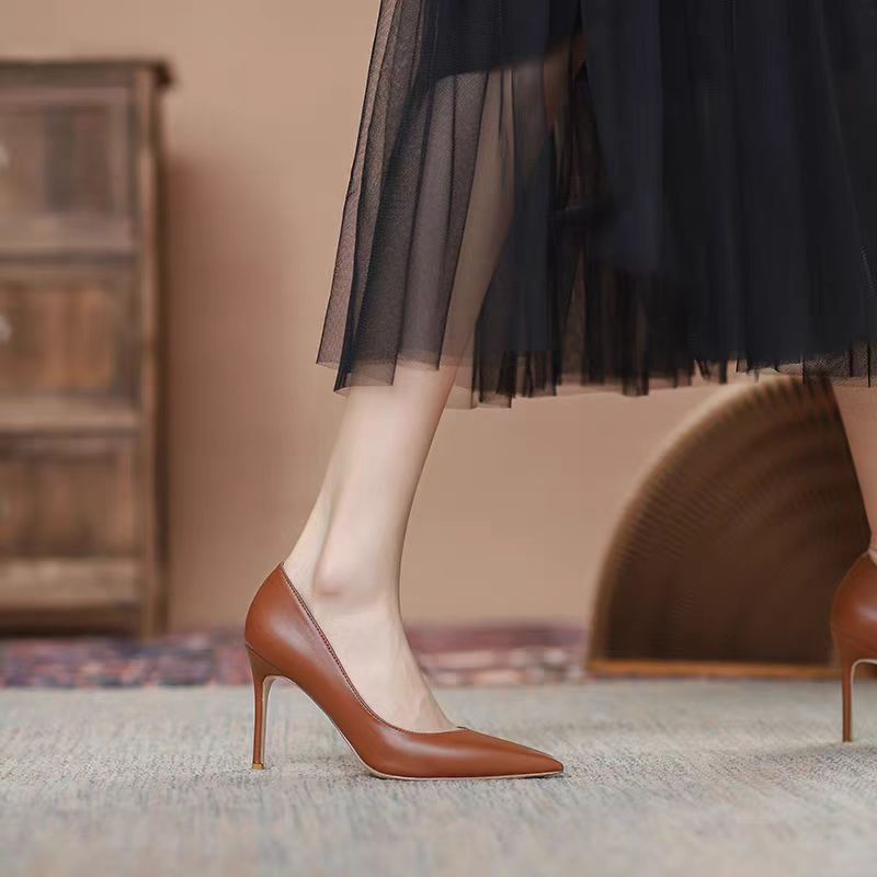 Women's Size Brown Sheepskin Pointed Toe Shallow Women's Fashion Shoes