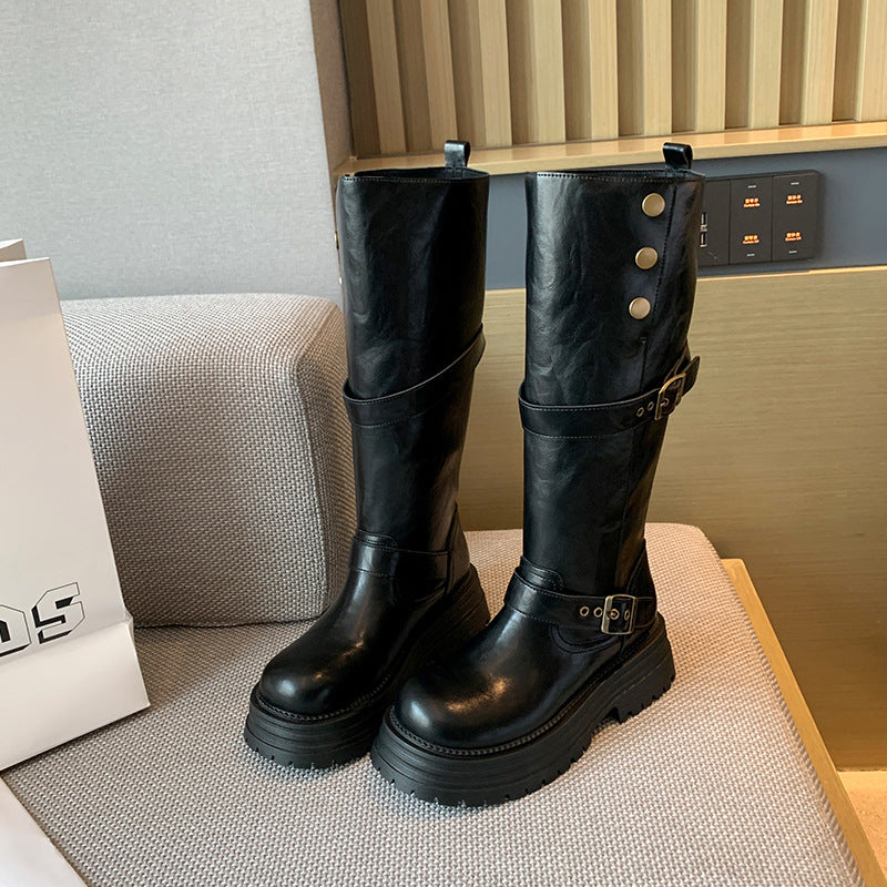 Women's Retro Platform Long Thick Leg Widened Tall Women's Leather Boots