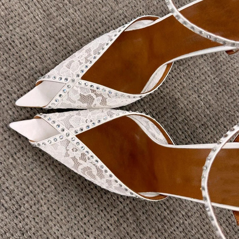 Women's Pointed Lace Stiletto Rhinestone Wedding Reception High Heeled Sandals