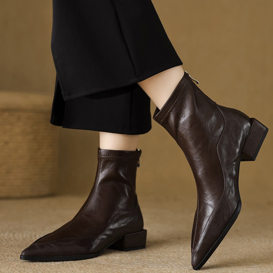 Women's Toe Stretch Thin Chunky Ankle Vintage Women's Leather Boots