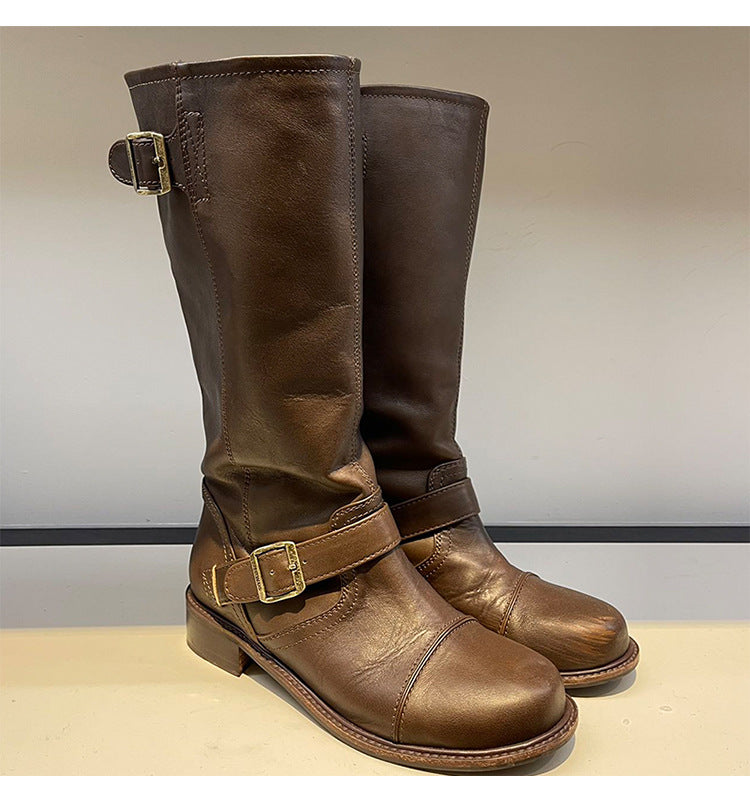 Cowhide Martin Autumn Retro Minority Thick Low Middle Western Women's Leather Boots