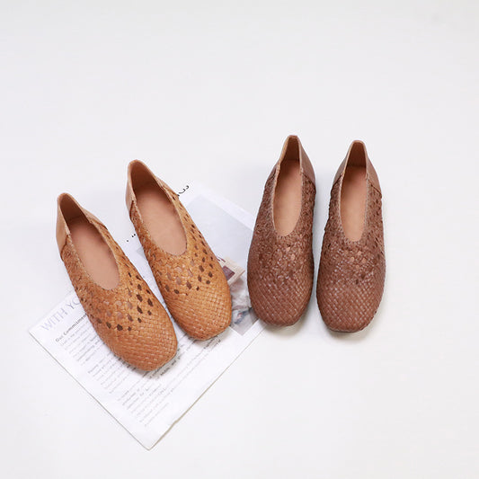 Women's Handmade Braided Square Toe Hollow Flat Women's Casual Shoes