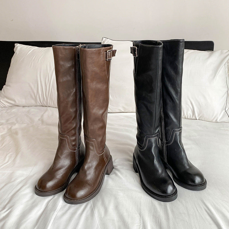 Retro Platform Knight High Pleated Soft Tube Widened Long Women's Leather Boots