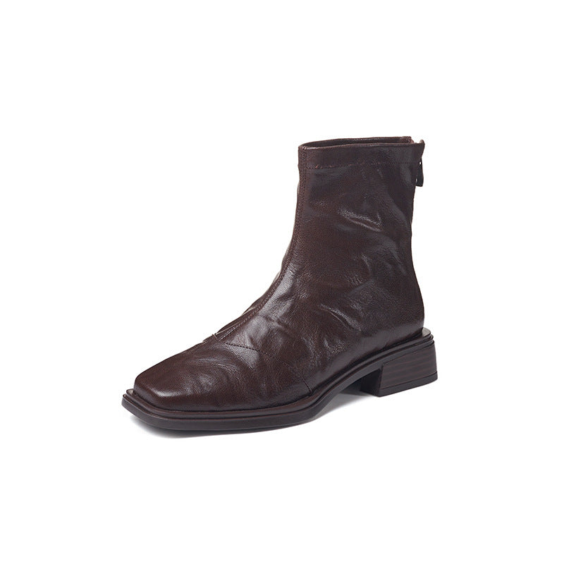 Women's Cowhide Square Toe Booties Fashion Vintage Crumpled Rear Zipper Martin Boots