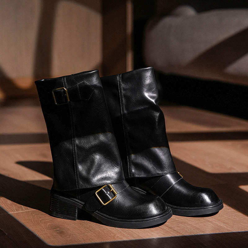 Pleated Pile Style Martin Motorcycle Round Head Boots