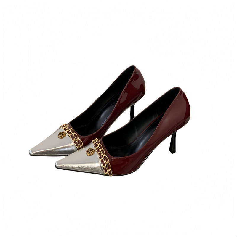 Winter High Metal Chain Stiletto Square Toe Pumps Light Luxury Heels