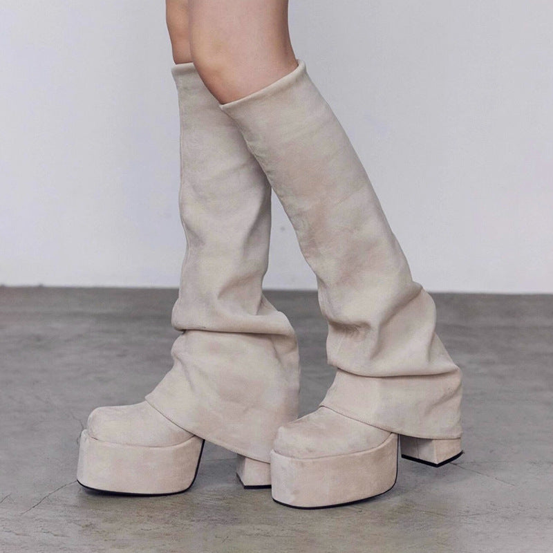 Women's Thick Bottom Chunky High Pantyhose Square Toe Hot Boots